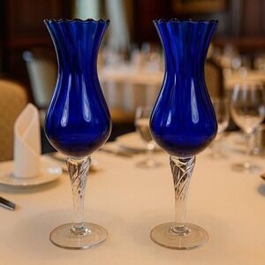 Vintage Blue Optic Swirl Wine Goblets Set of 2 Tall Twisted Stem Glass